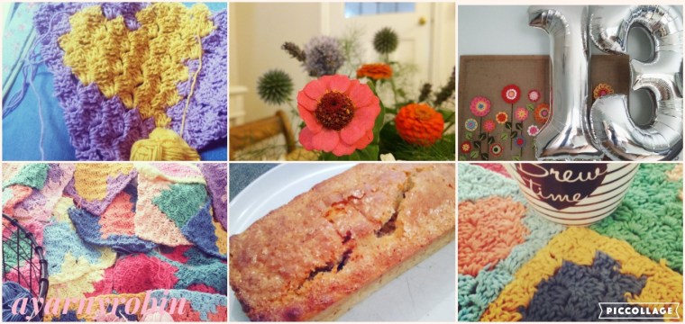 Homemade August, crochet, coffee, banana loaf and garden flowers