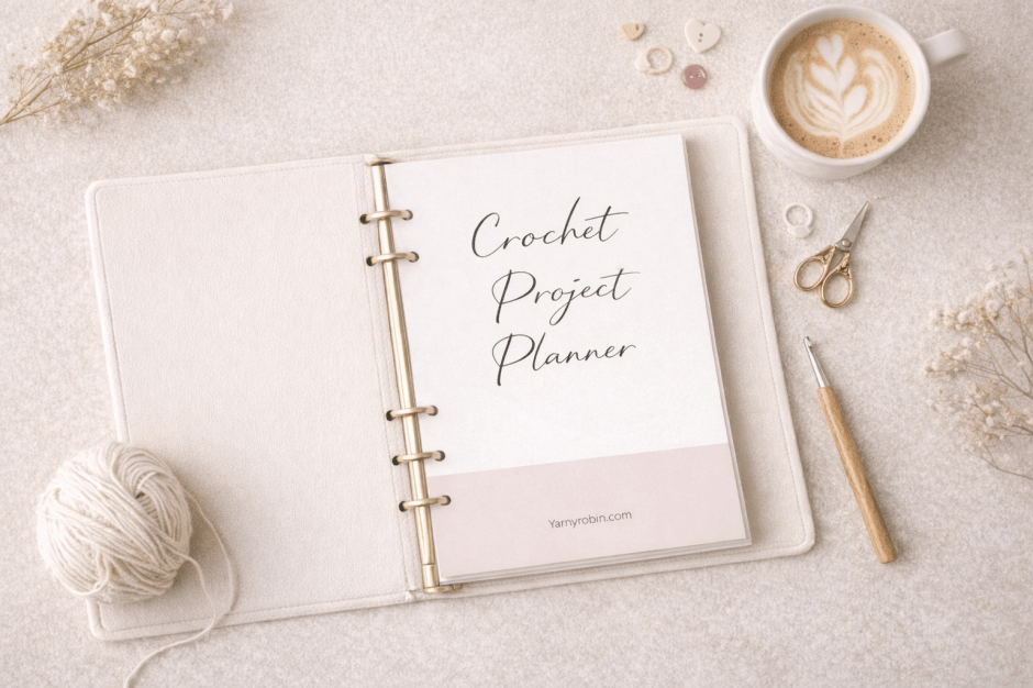 Printable crochet project planner with soft pastel design, shown with yarn and hooks on a neutral background
