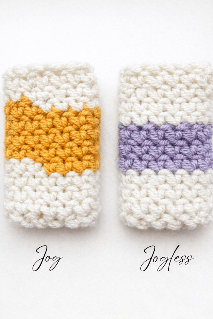 Side-by-side crochet swatches showing the difference between a jogged stripe and a jogless stripe, worked in cream yarn with contrasting yellow and purple stripes.