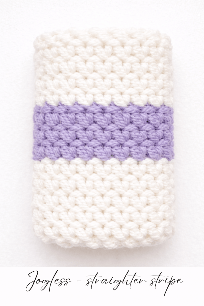 Crochet swatch showing a jogless purple stripe worked in the round, 