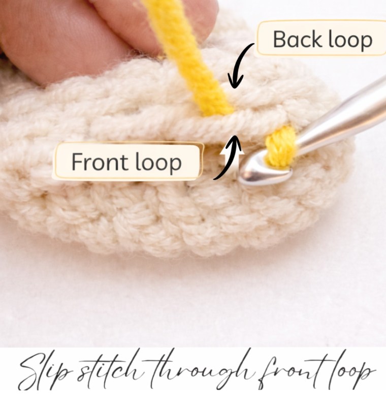 Close-up of crochet stitches showing a slip stitch worked through the front loop, with arrows and labels identifying the front loop and back loop.